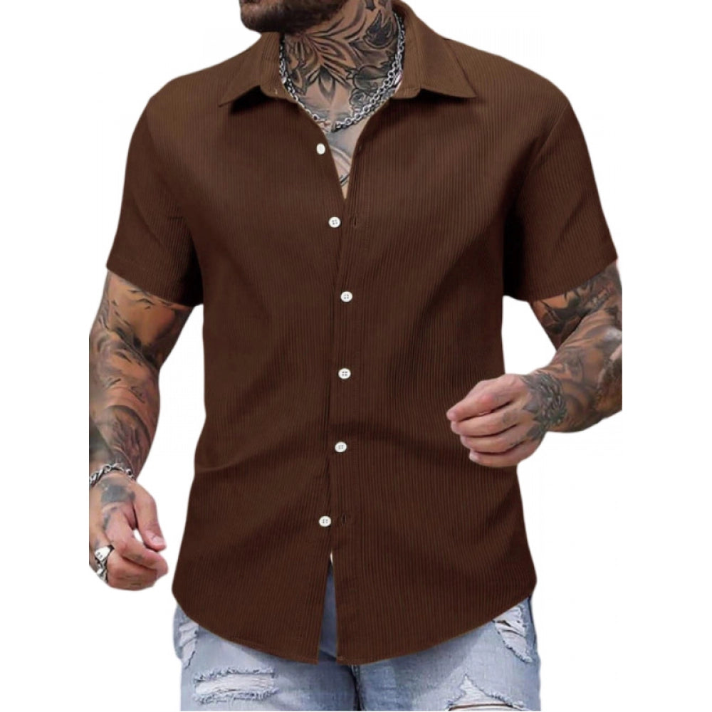 Clasymist Men's Casual Short Sleeve Striped Cotton Blended Shirt (Brown)