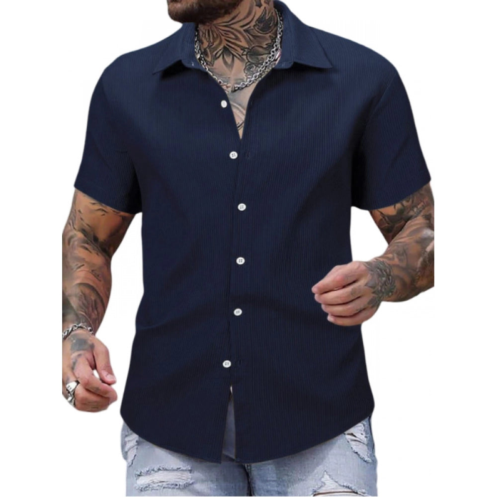 Clasymist Men's Casual Short Sleeve Striped Cotton Blended Shirt (Navy)