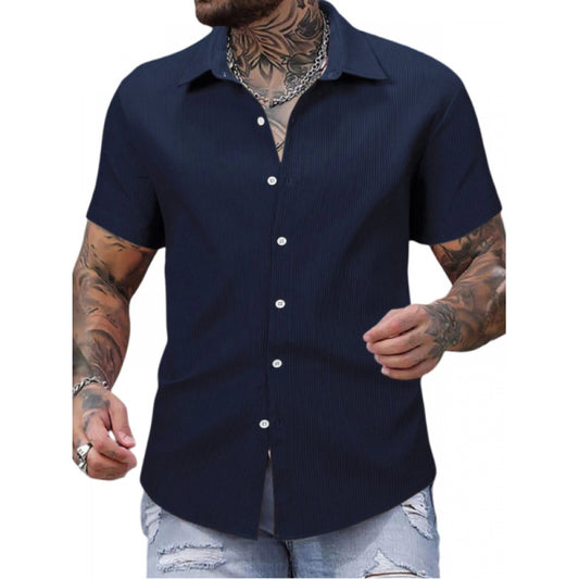 Clasymist Men's Casual Short Sleeve Striped Cotton Blended Shirt (Navy)