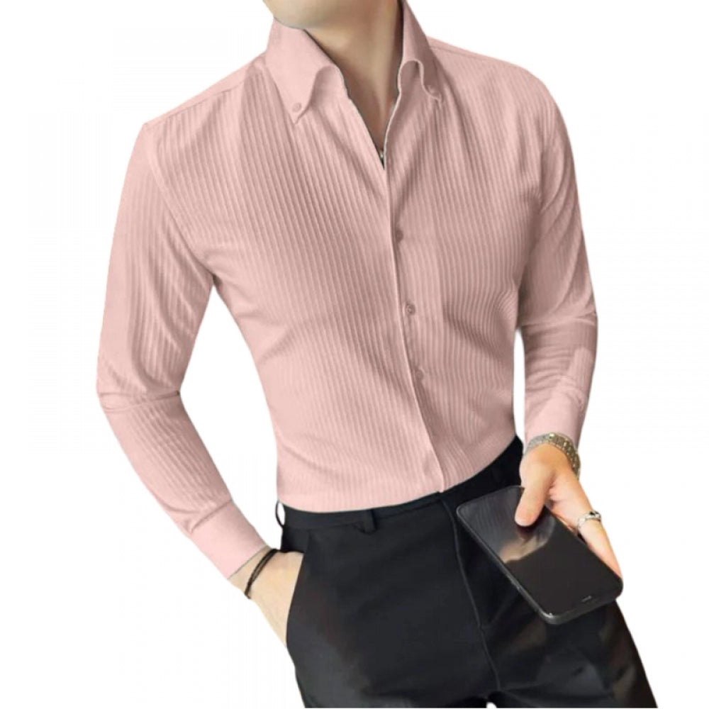 Clasymist Men's Casual Full Sleeve Striped Cotton Blended Shirt (Pink)