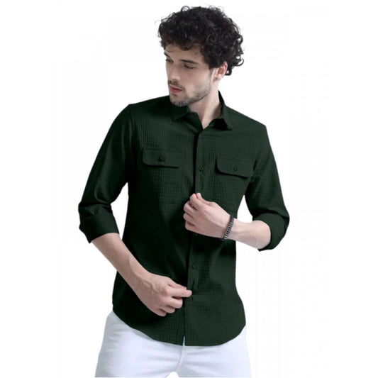 Clasymist Men's Casual Short Sleeve Striped Cotton Blended Shirt (Green)