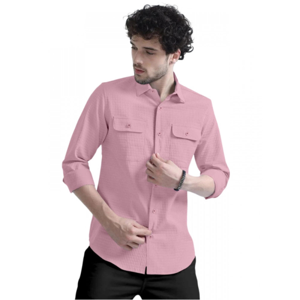 Clasymist Men's Casual Short Sleeve Striped Cotton Blended Shirt (Pink)