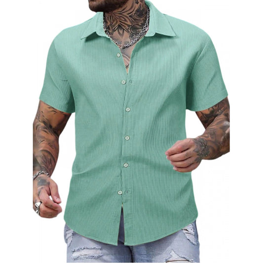 Clasymist Men's Casual Short Sleeve Striped Cotton Blended Shirt (Green)