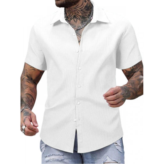 Clasymist Men's Casual Short Sleeve Striped Cotton Blended Shirt (White)