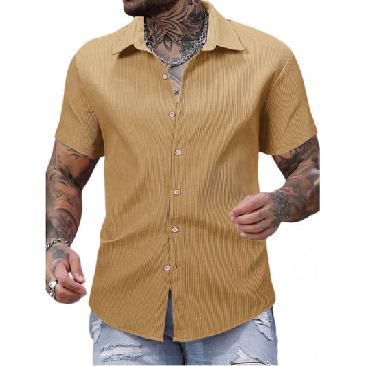 Clasymist Men's Casual Short Sleeve Striped Cotton Blended Shirt (Yellow)