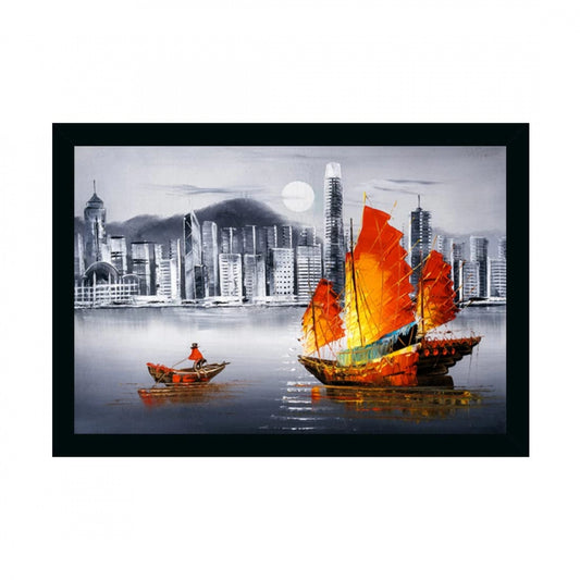 Clasymist Boat Painting Painting with Synthetic Photo Frame (Multicolor)