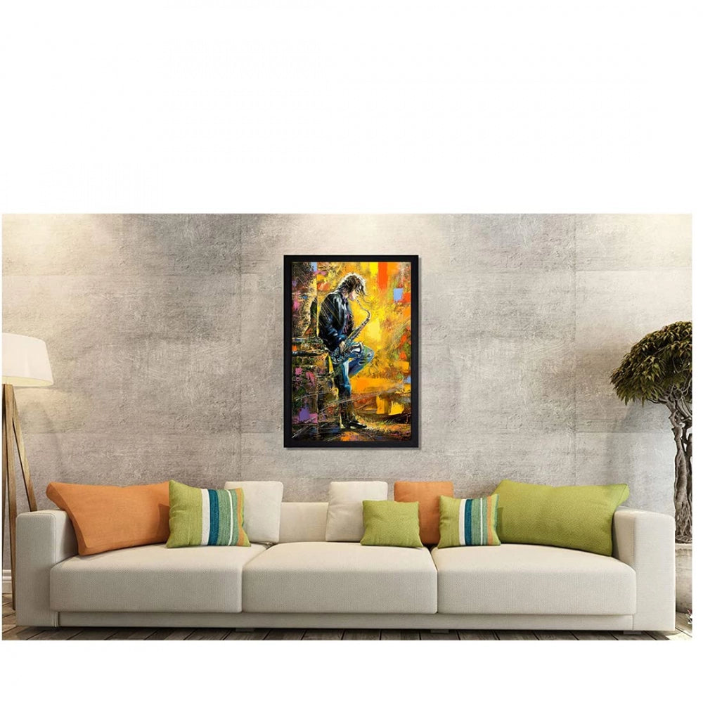 Clasymist Boy Playing Saxophone Modern Art Painting with Synthetic Photo Frame (Multicolor)