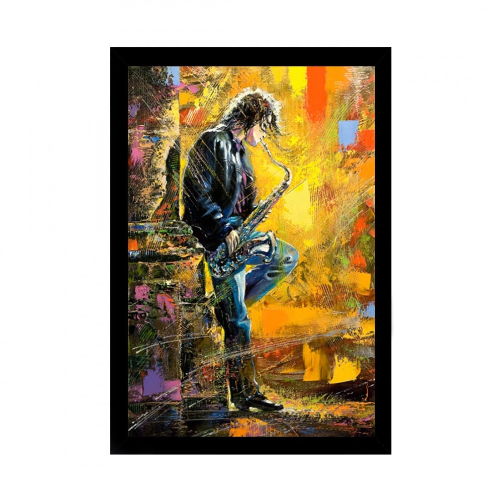 Clasymist Boy Playing Saxophone Modern Art Painting with Synthetic Photo Frame (Multicolor)