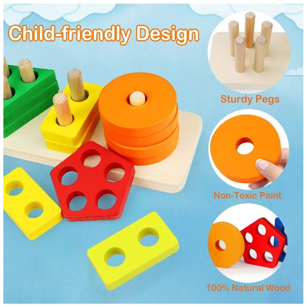 Clasymist Wooden  Sorting And Stacking Toys 5 Column Geometric Shape Puzzle Activity For Kids (Wood Color)