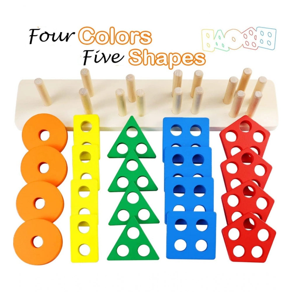 Clasymist Wooden  Sorting And Stacking Toys 5 Column Geometric Shape Puzzle Activity For Kids (Wood Color)