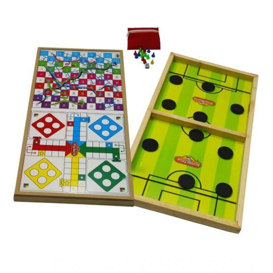 Clasymist Wood Carrom String Hockey Ludo Snake And Ladder 3 In 1 Board Game (Multicolor)