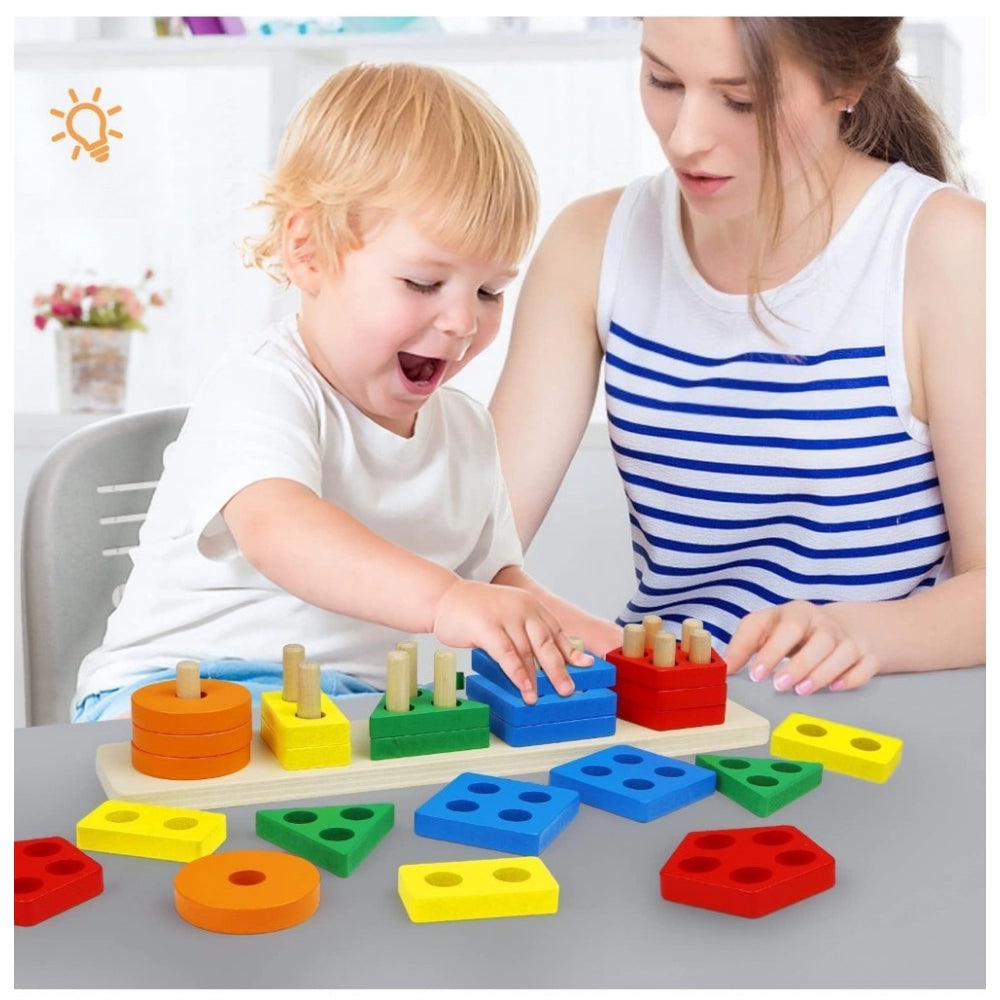 Clasymist Wooden  Sorting And Stacking Toys 5 Column Geometric Shape Puzzle Activity For Kids (Wood Color)