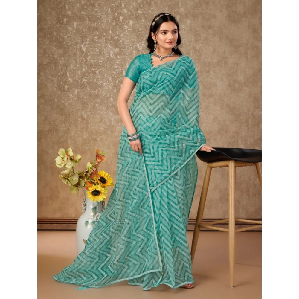 Clasymist Women's Linen Zig Zag Saree With Unstitched Blouse (Turquies Green, 5-6 Mtrs)