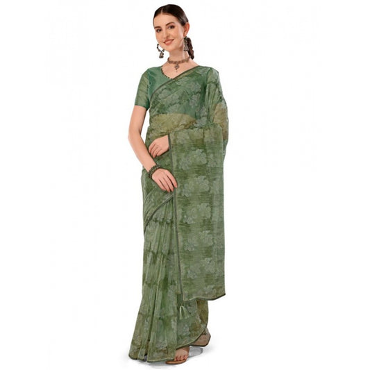 Clasymist Women's Linen Floral Printed Saree With Unstitched Blouse (Green, 5-6 Mtrs)