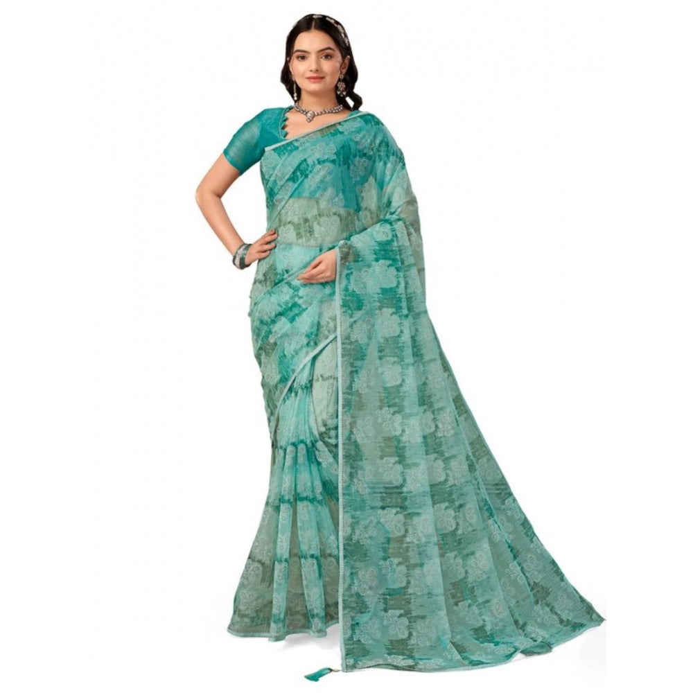 Clasymist Women's Linen Floral Printed Saree With Unstitched Blouse (Turquies Green, 5-6 Mtrs)