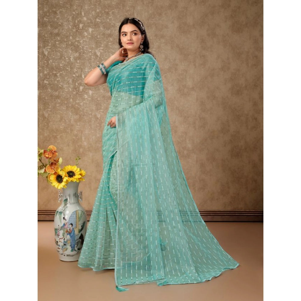 Clasymist Women's Linen Line Saree With Unstitched Blouse (Turquies Green, 5-6 Mtrs)