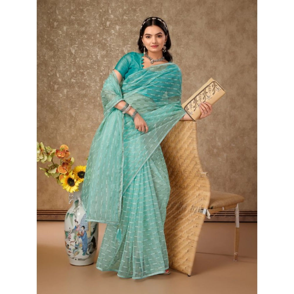 Clasymist Women's Linen Line Saree With Unstitched Blouse (Turquies Green, 5-6 Mtrs)