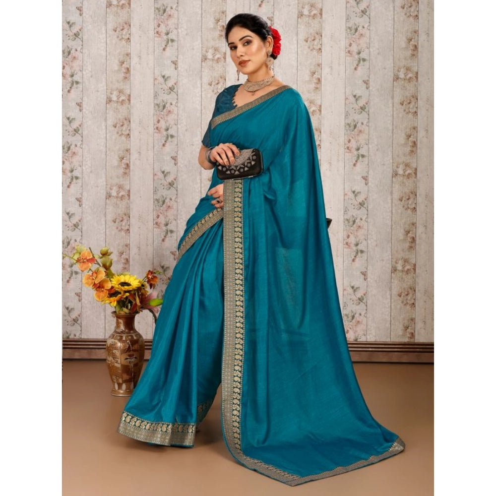 Clasymist Women's Vichitra Plain Saree With Unstitched Blouse (Blue, 5-6 Mtrs)