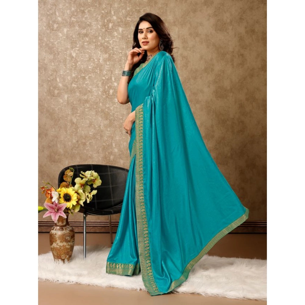 Clasymist Women's Vichitra Plain Saree With Unstitched Blouse (Teal Blue, 5-6 Mtrs)