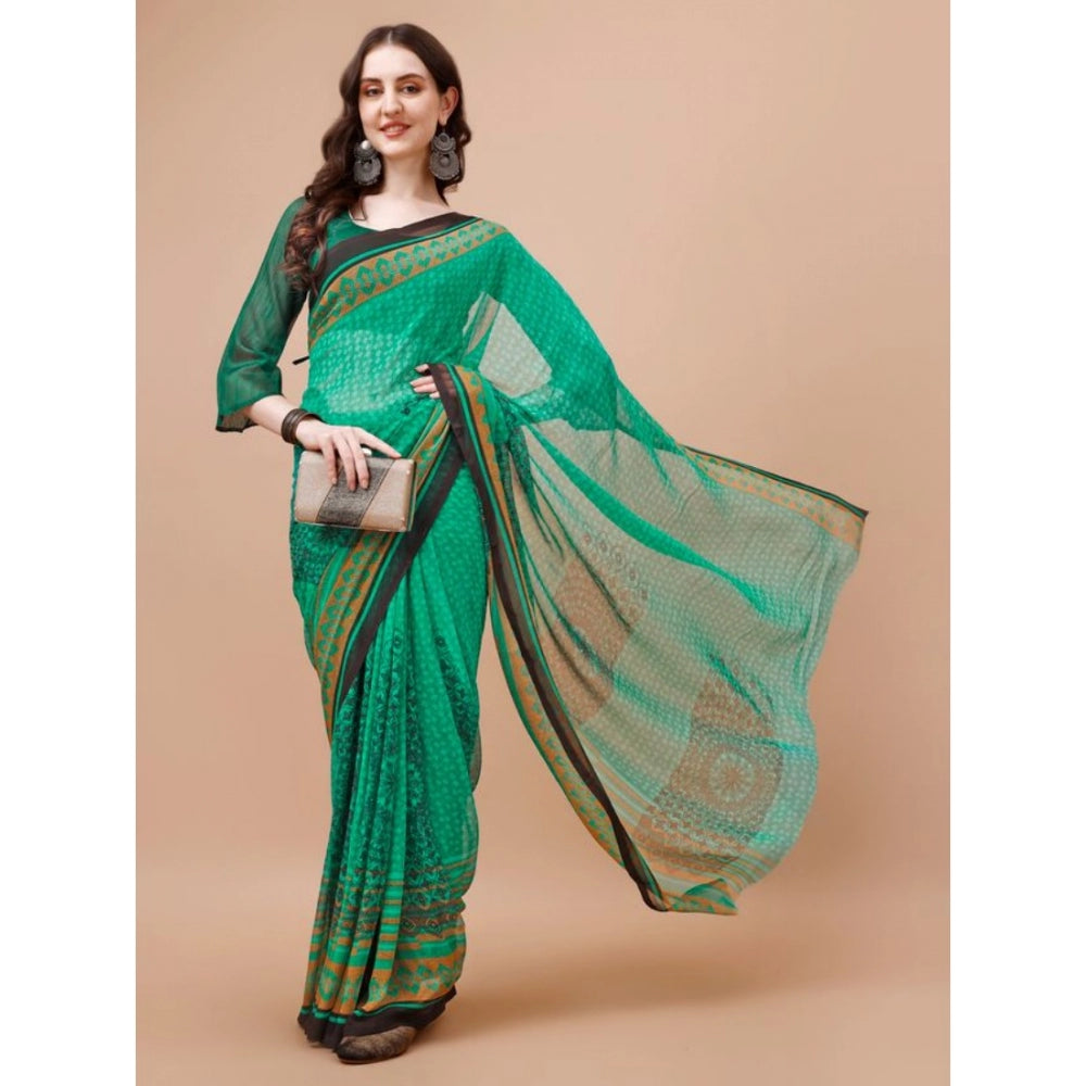 Clasymist Women's Weightless Floral Printed Saree With Unstitched Blouse (Green, 5-6 Mtrs)