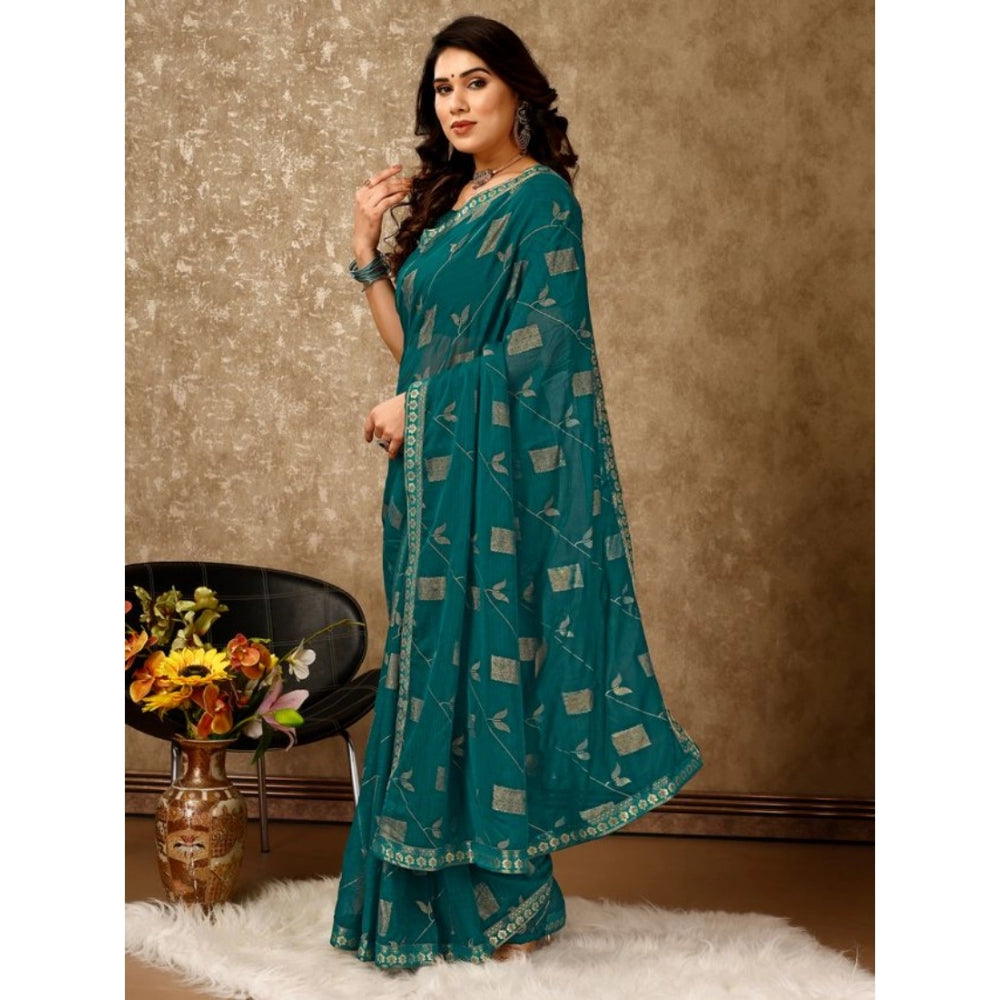 Clasymist Women's Zomto Patta Chiffon Saree With Unstitched Blouse (Teal Blue, 5-6 Mtrs)