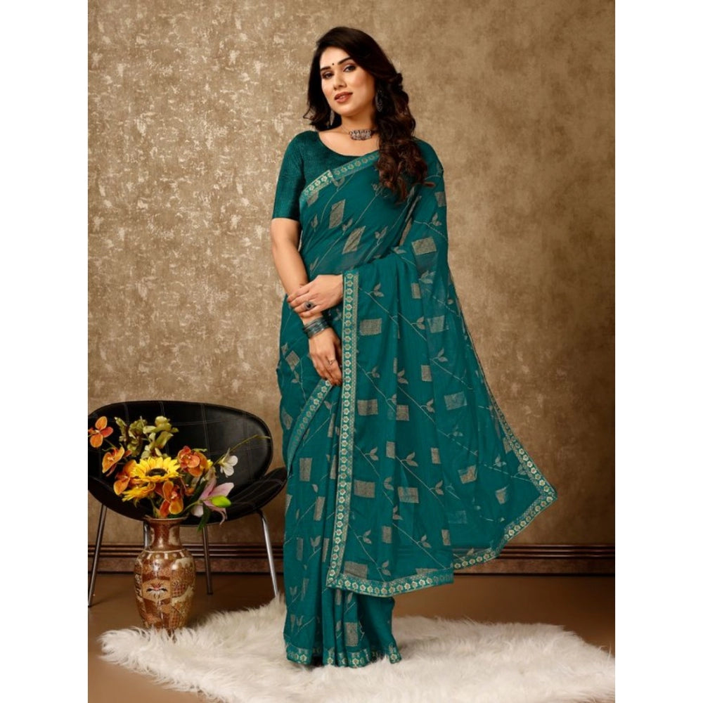 Clasymist Women's Zomto Patta Chiffon Saree With Unstitched Blouse (Teal Blue, 5-6 Mtrs)