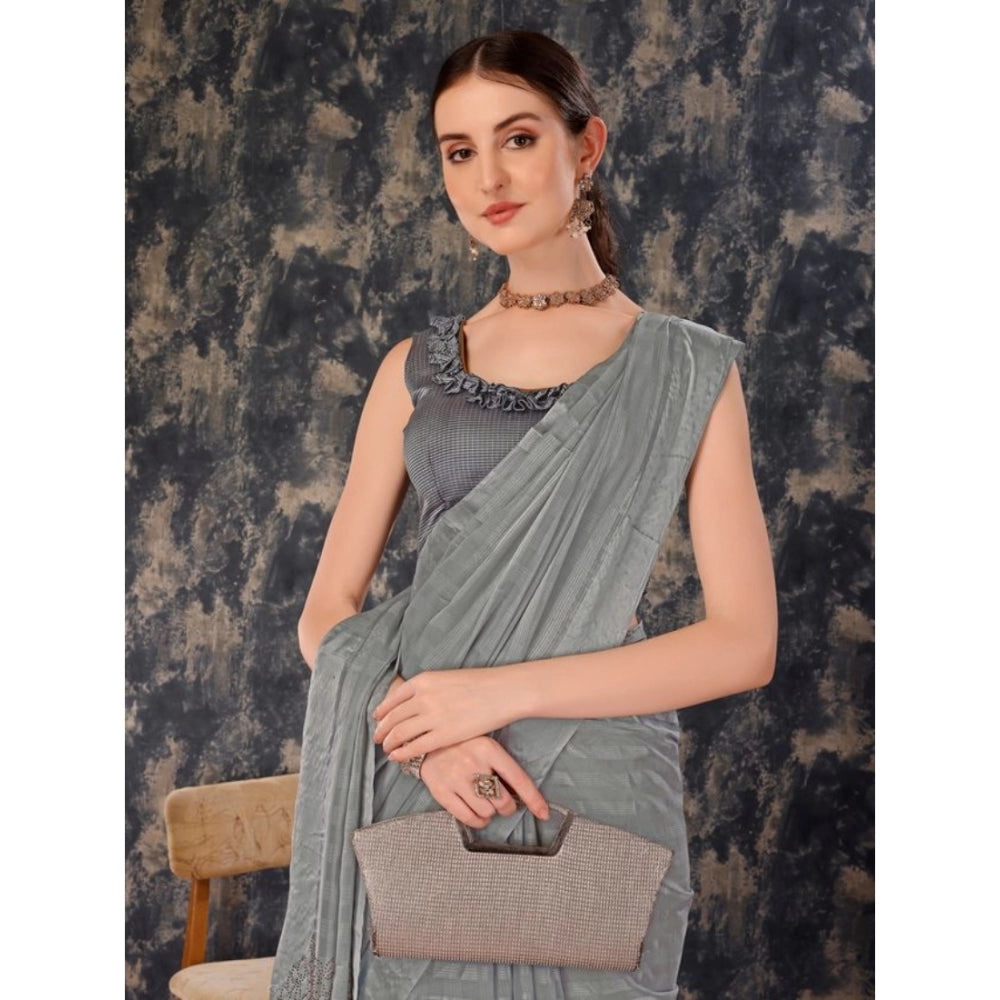 Clasymist Women's Chiffon Fabric Line Saree With Unstitched Blouse (Grey, 5-6 Mtrs)