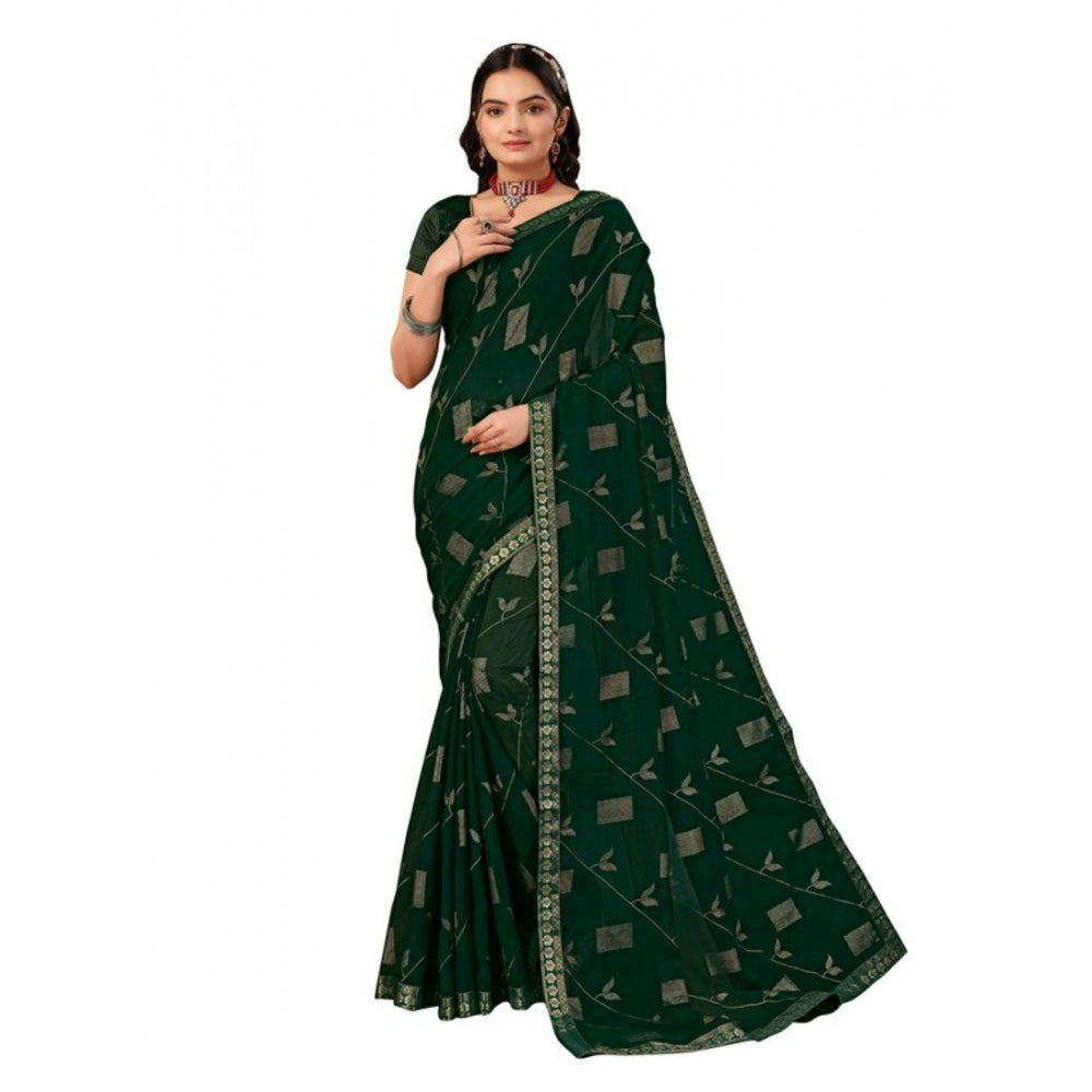 Clasymist Women's Zomto Patta Chiffon Saree With Unstitched Blouse (Green, 5-6 Mtrs)