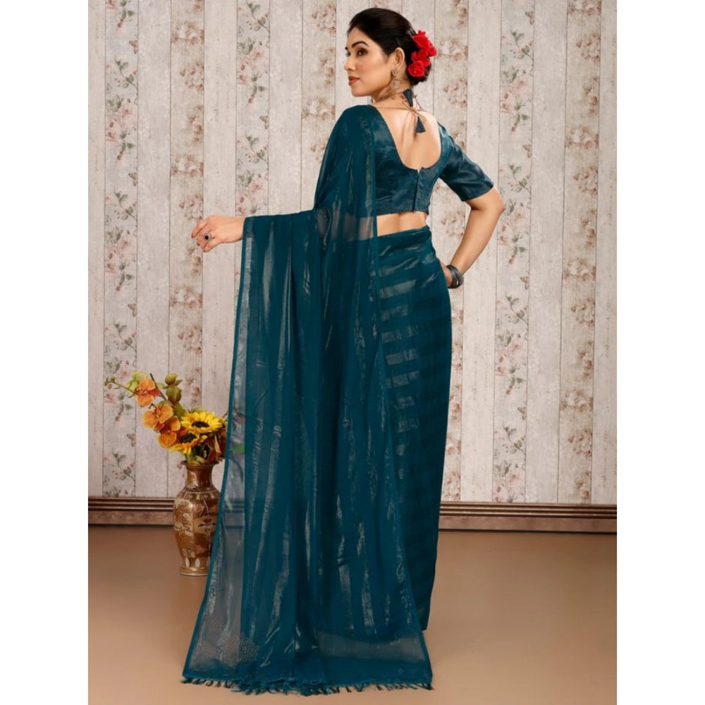 Clasymist Women's Chiffon Fabric Line Saree With Unstitched Blouse (Teal Blue, 5-6 Mtrs)