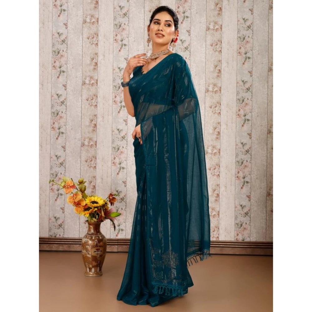 Clasymist Women's Chiffon Fabric Line Saree With Unstitched Blouse (Teal Blue, 5-6 Mtrs)