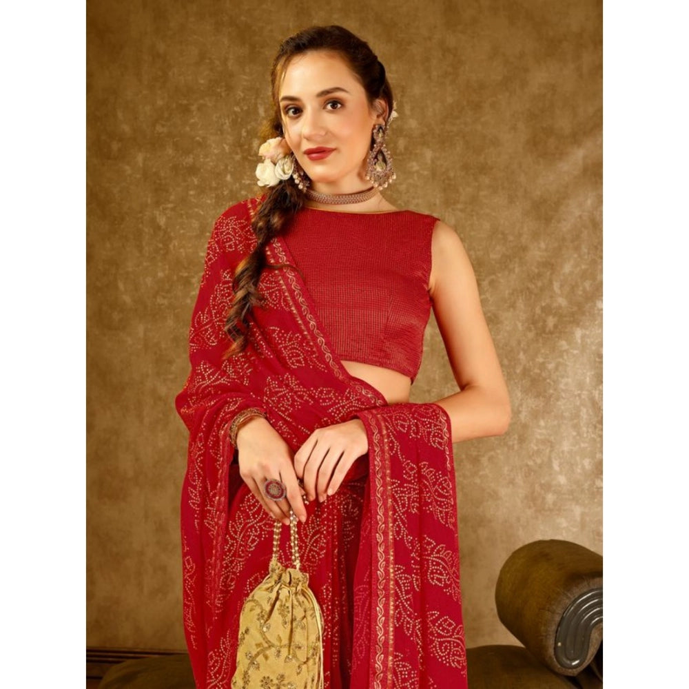 Clasymist Women's Zomto Bandhini Saree With Unstitched Blouse (Red, 5-6 Mtrs)