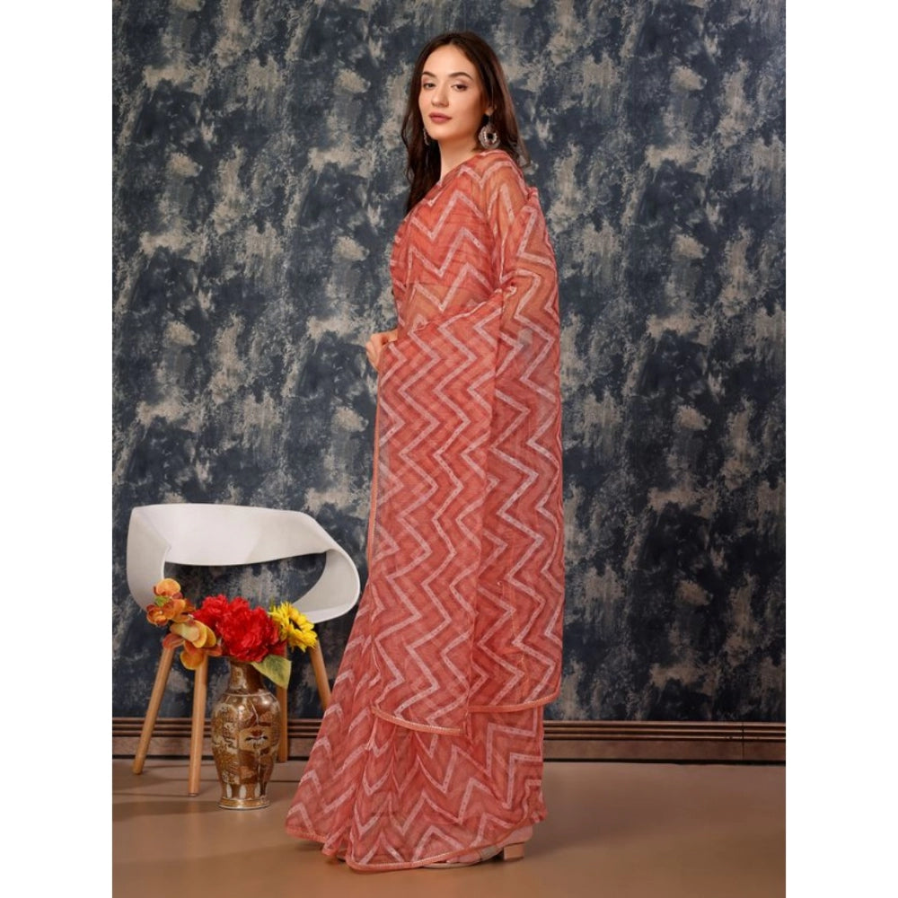 Clasymist Women's Linen Zig Zag Saree With Unstitched Blouse (Peach, 5-6 Mtrs)