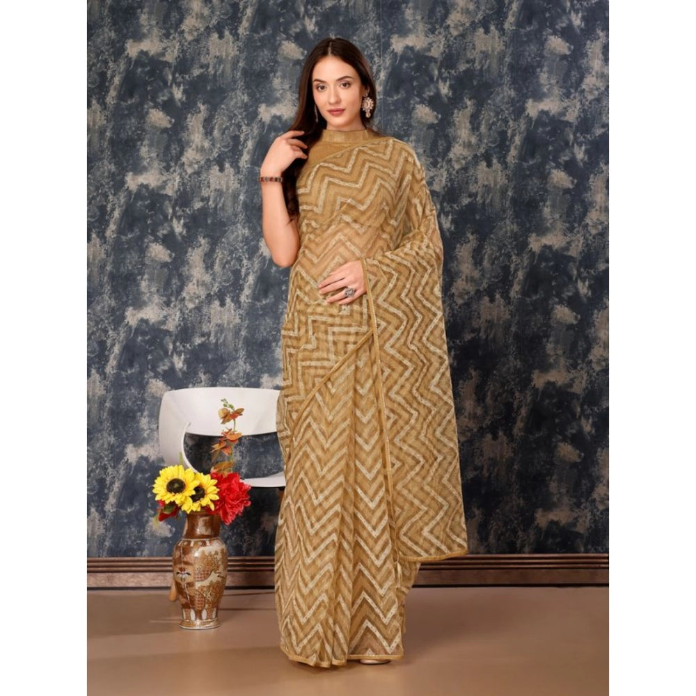 Clasymist Women's Linen Zig Zag Saree With Unstitched Blouse (Beige, 5-6 Mtrs)