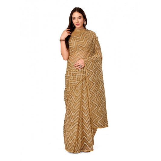 Clasymist Women's Linen Zig Zag Saree With Unstitched Blouse (Beige, 5-6 Mtrs)