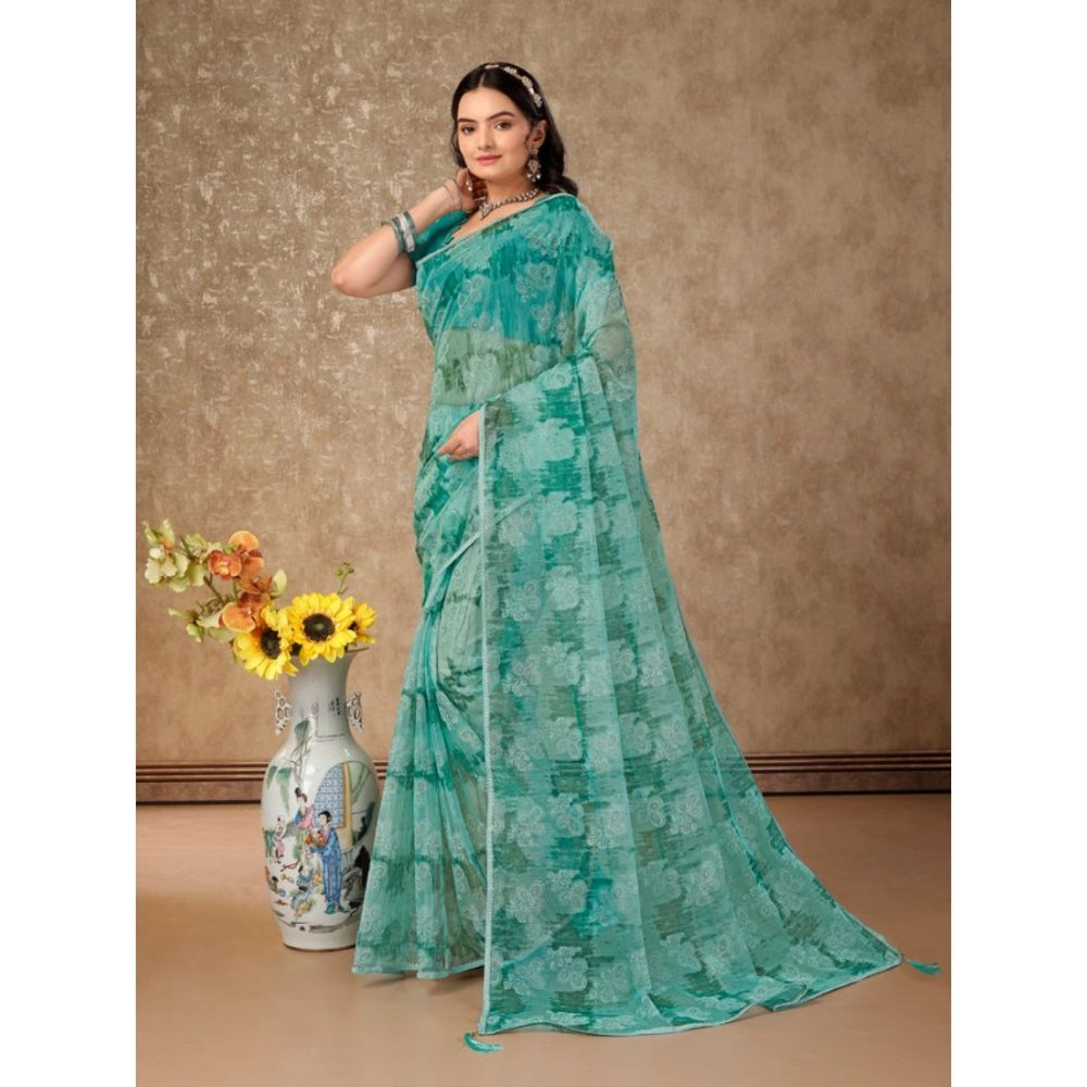 Clasymist Women's Linen Floral Printed Saree With Unstitched Blouse (Turquies Green, 5-6 Mtrs)