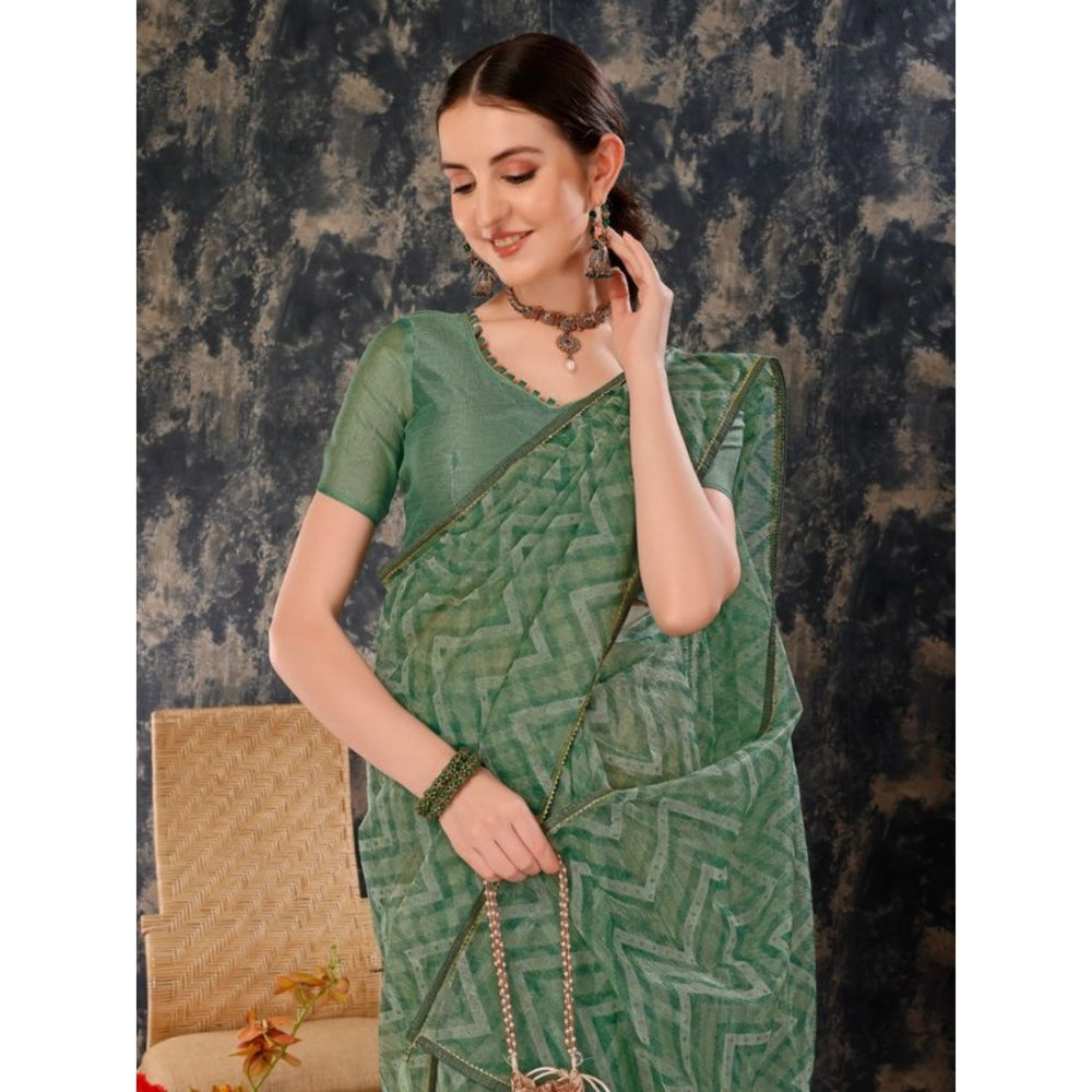 Clasymist Women's Linen Zig Zag Saree With Unstitched Blouse (Green, 5-6 Mtrs)