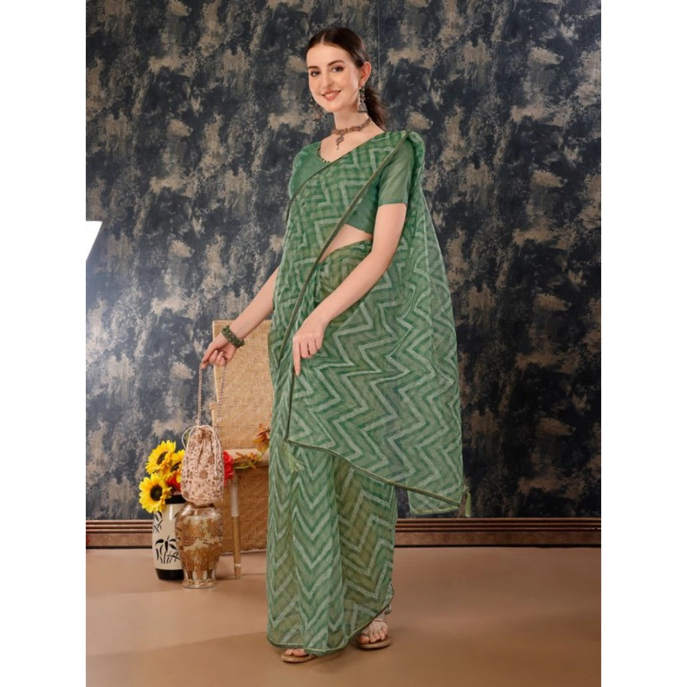 Clasymist Women's Linen Zig Zag Saree With Unstitched Blouse (Green, 5-6 Mtrs)