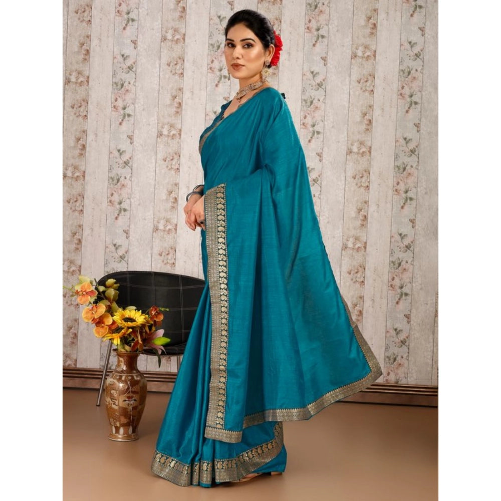 Clasymist Women's Vichitra Plain Saree With Unstitched Blouse (Blue, 5-6 Mtrs)