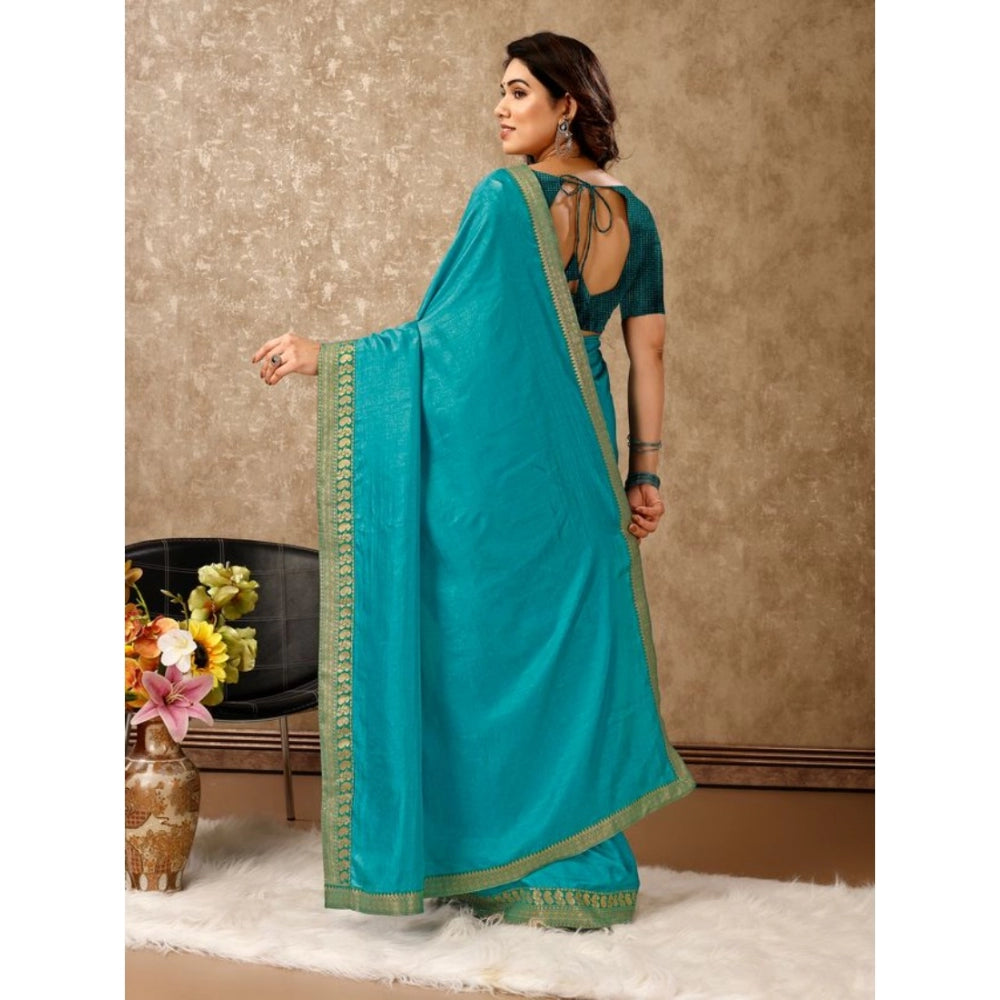 Clasymist Women's Vichitra Plain Saree With Unstitched Blouse (Teal Blue, 5-6 Mtrs)