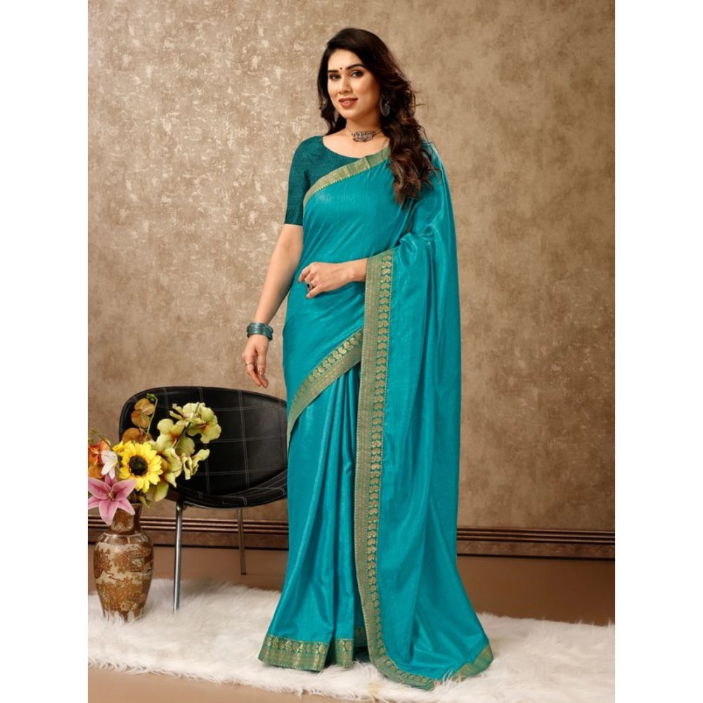 Clasymist Women's Vichitra Plain Saree With Unstitched Blouse (Teal Blue, 5-6 Mtrs)