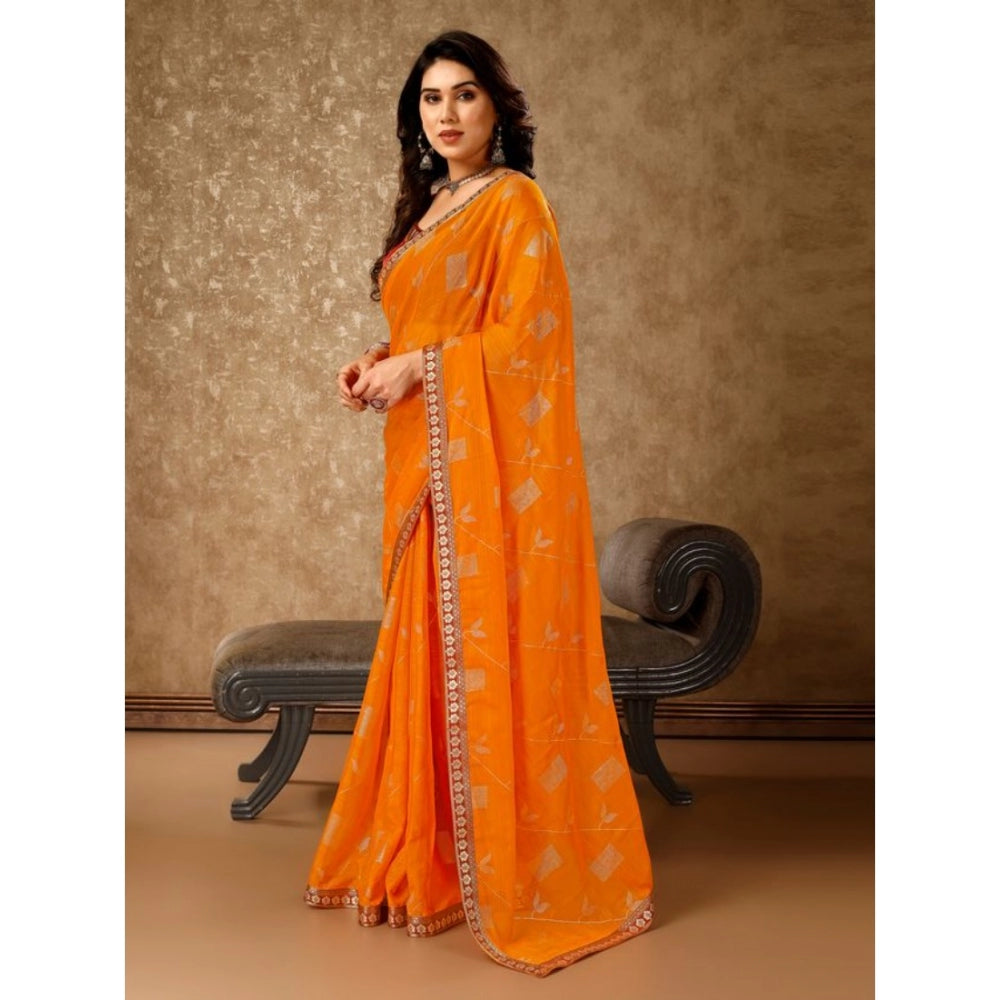 Clasymist Women's Zomto Patta Chiffon Saree With Unstitched Blouse (Yellow, 5-6 Mtrs)