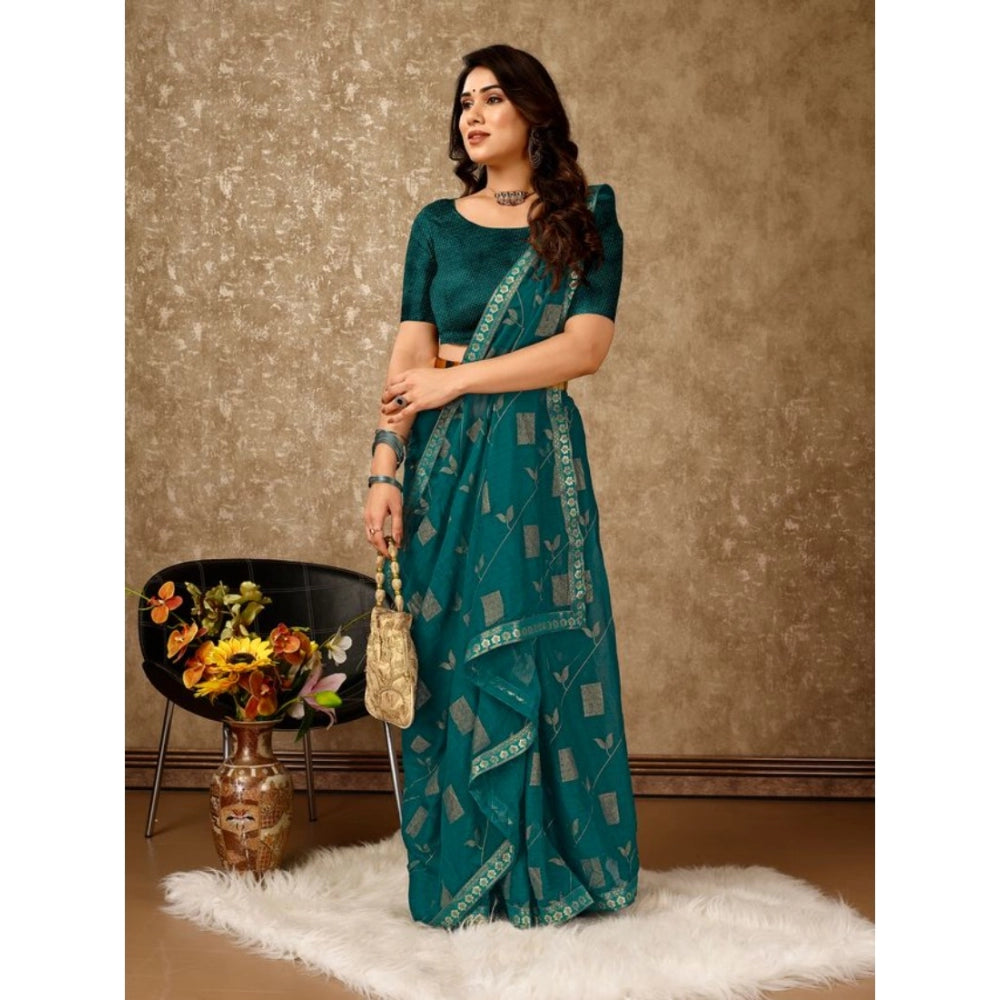 Clasymist Women's Zomto Patta Chiffon Saree With Unstitched Blouse (Teal Blue, 5-6 Mtrs)