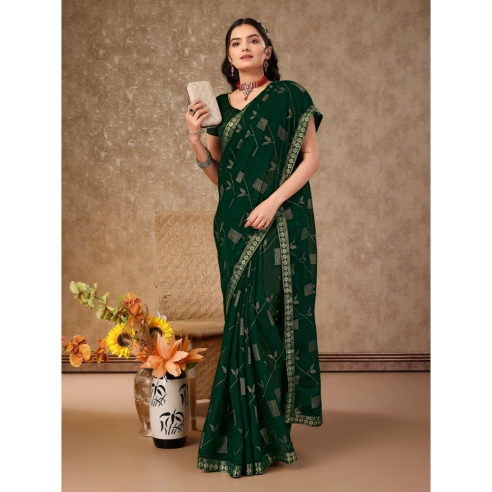 Clasymist Women's Zomto Patta Chiffon Saree With Unstitched Blouse (Green, 5-6 Mtrs)