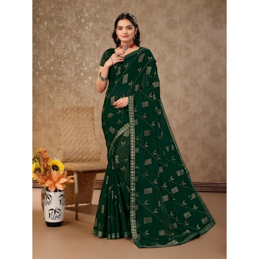 Clasymist Women's Zomto Patta Chiffon Saree With Unstitched Blouse (Green, 5-6 Mtrs)