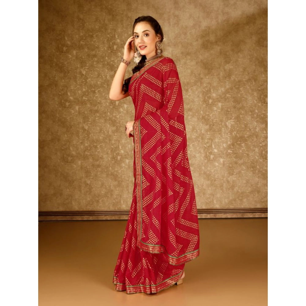 Clasymist Women's Zomto Zig Zag Saree With Unstitched Blouse (Red, 5-6 Mtrs)