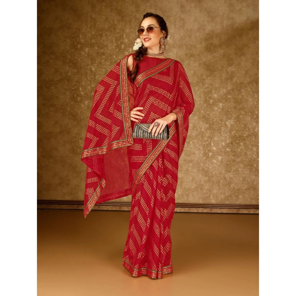 Clasymist Women's Zomto Zig Zag Saree With Unstitched Blouse (Red, 5-6 Mtrs)