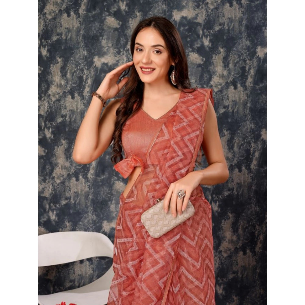 Clasymist Women's Linen Zig Zag Saree With Unstitched Blouse (Peach, 5-6 Mtrs)