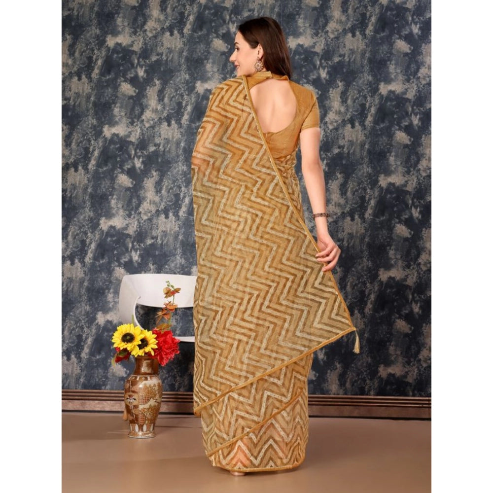 Clasymist Women's Linen Zig Zag Saree With Unstitched Blouse (Beige, 5-6 Mtrs)