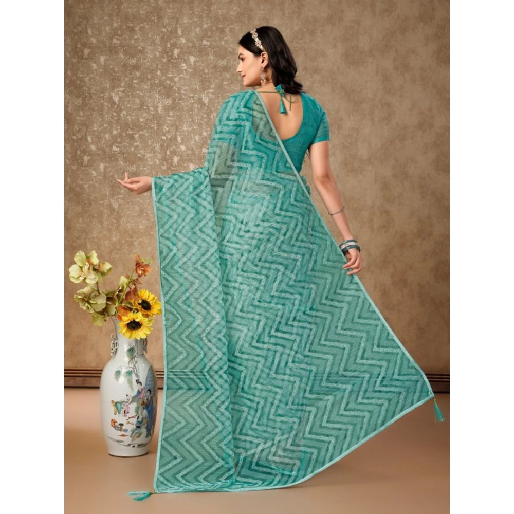 Clasymist Women's Linen Zig Zag Saree With Unstitched Blouse (Turquies Green, 5-6 Mtrs)