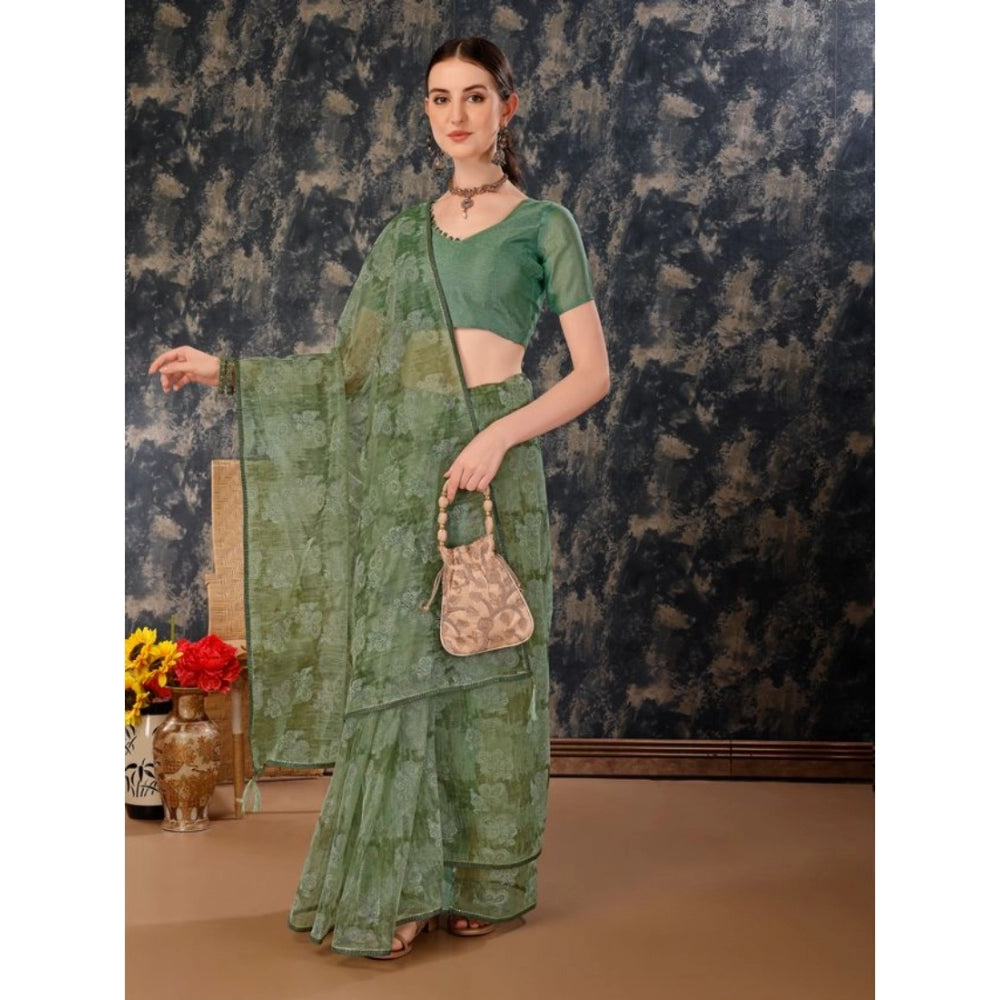 Clasymist Women's Linen Floral Printed Saree With Unstitched Blouse (Green, 5-6 Mtrs)